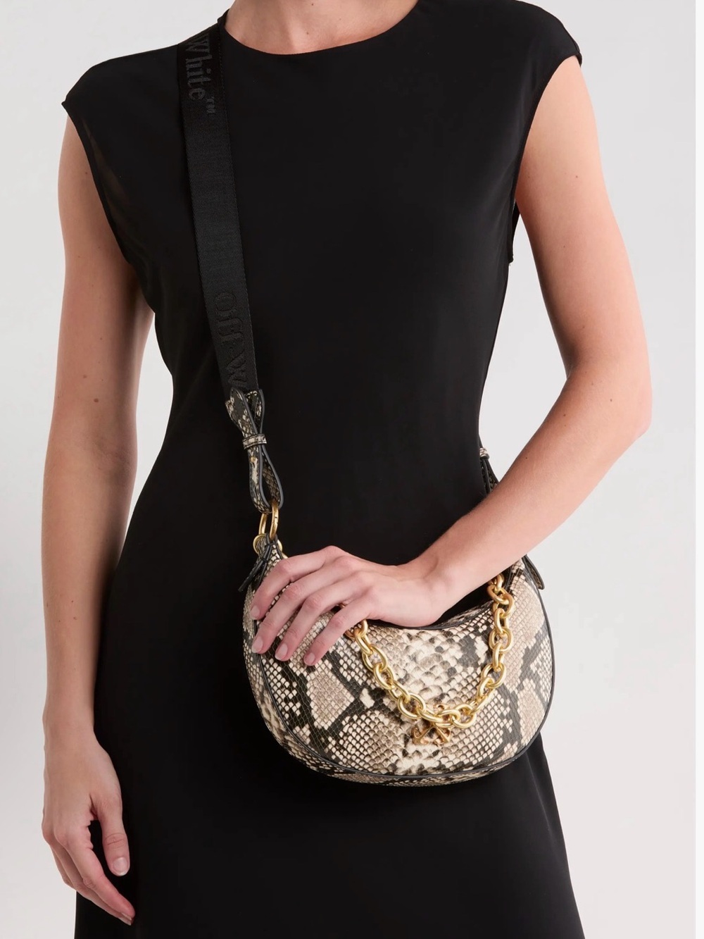Off-White Hemisphere Snakeskin-Embossed Convertible Shoulder Bag with Gold Chain